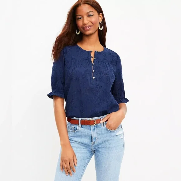 LOFT Women’s Embroidered Puff Sleeve Top-Sailor Navy-Size Small - Picture 6 of 7
